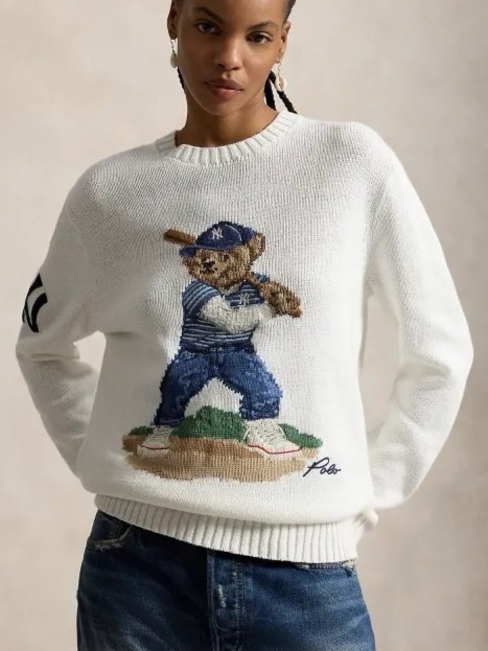 Polo by Ralph Lauren White Crewneck Sweater with Baseball Bear Motif